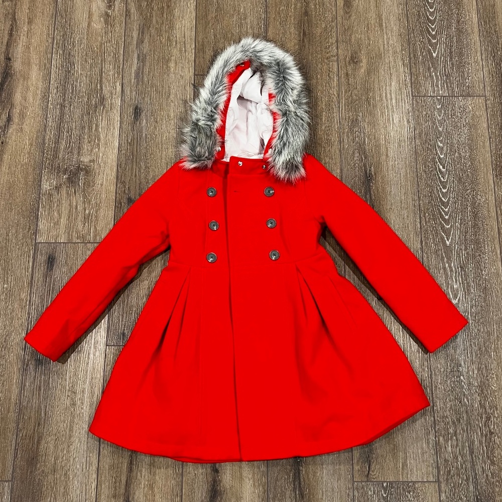 Cat & Jack - Red Dress Coast w/ Fur Hood [Girls - Size 7/8 (Medium)]